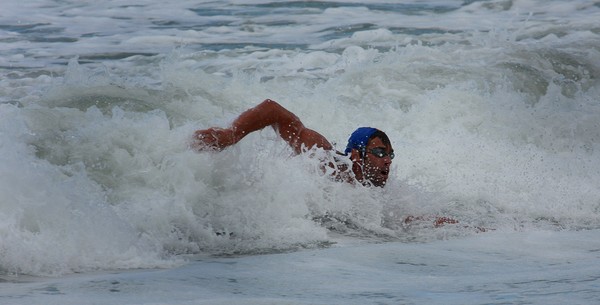 Glenn Anderson on his way to a win in the surf race at the Northern Regional championships in Mount Maunganui this weekend.